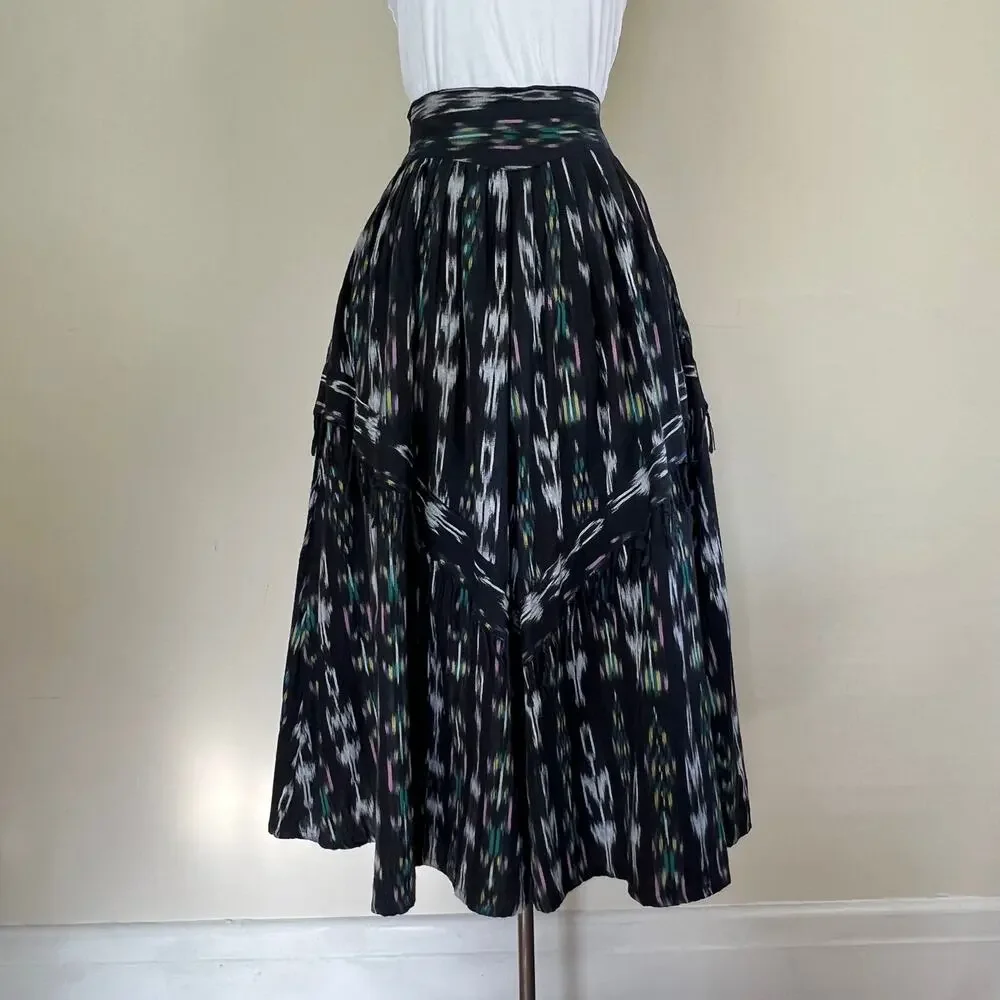 Vintage Ikat El Huarache skirt Sz M fringe Tiered Boho Gypsy Full ethnic 70s